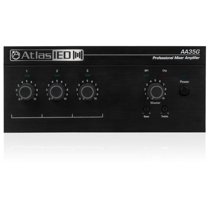 AA35G 3-input mixer amplifier front panel with three input level knobs, master volume, bass and treble trims, SPI and Clip LEDs, AtlasIED