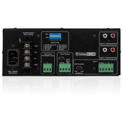 AA35G rear panel showing 100V/70V/8-ohm barrier strip outputs, IEC power inlet, 8-position DIP amp config switches, Phoenix line and Zone 2 outputs plus RCA inputs, AtlasIED