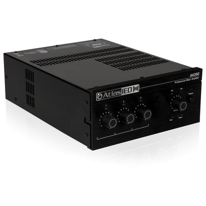 AA35G mixer amplifier angled view showing vented black steel chassis and rack ears with front control panel, AtlasIED