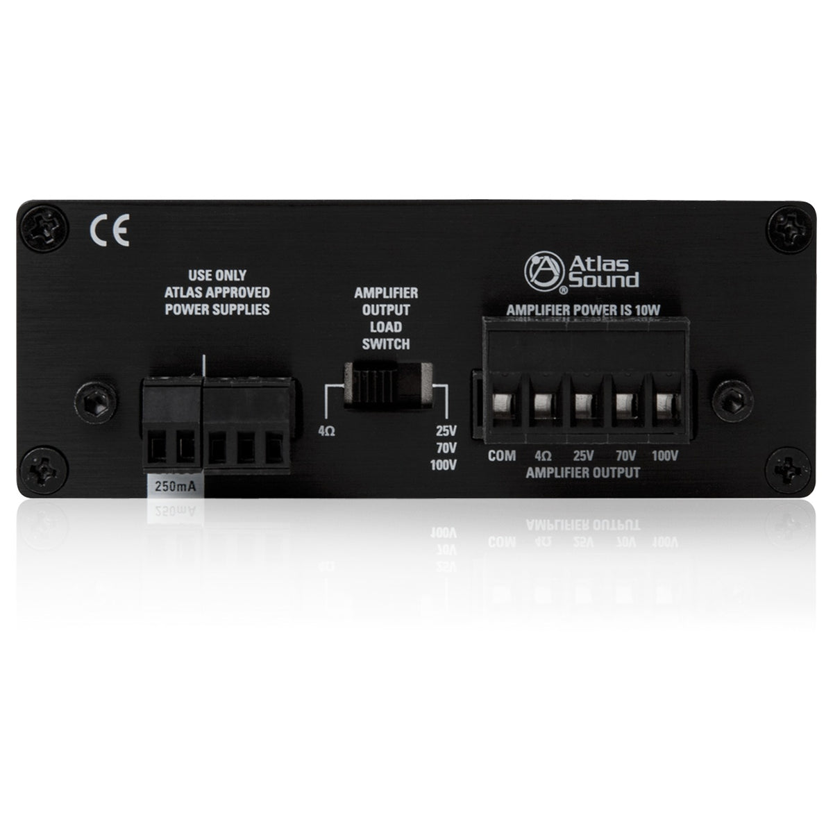 TSD-PA10VG rear panel detail showing 4Ω/25V/70.7V/100V output load switch and five-position barrier strip terminals, AtlasIED