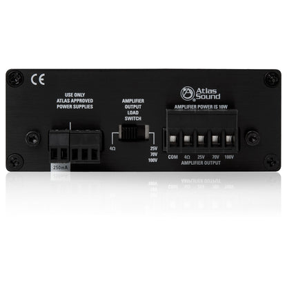 TSD-PA10VG rear panel detail showing 4Ω/25V/70.7V/100V output load switch and five-position barrier strip terminals, AtlasIED