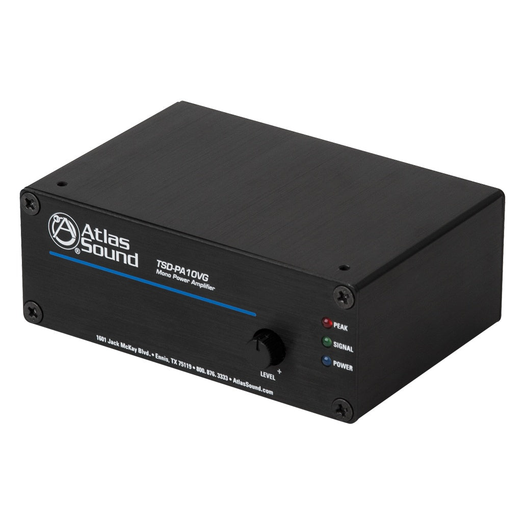 TSD-PA10VG front angled view with level knob and PEAK, SIGNAL and POWER LED indicators, AtlasIED