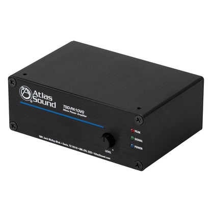 TSD-PA10VG front angled view with level knob and PEAK, SIGNAL and POWER LED indicators, AtlasIED