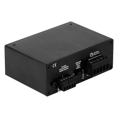 TSD-PA10VG rear three-quarter view of black steel chassis with screw-terminal input and amplifier output blocks, AtlasIED