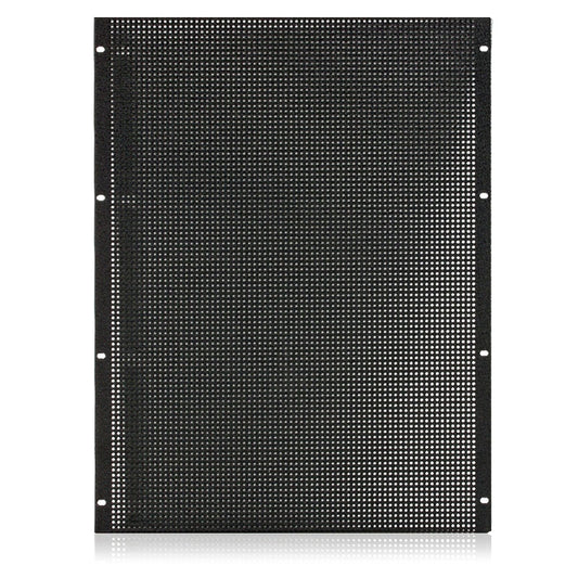 AtlasIED TPP-36 perforated top panel in black, top-down view showing vent hole pattern and mounting holes