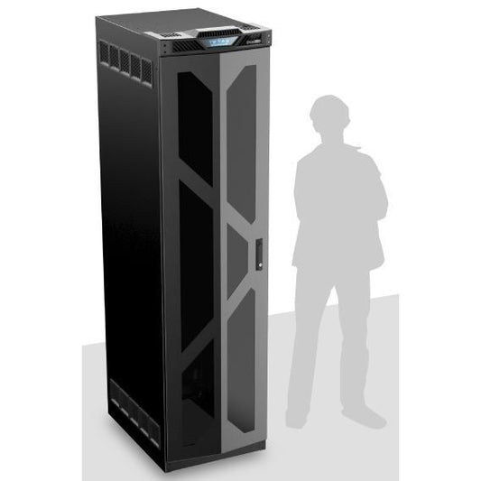 AtlasIED TT45-30P 45 RU equipment rack shown beside a human silhouette for height scale