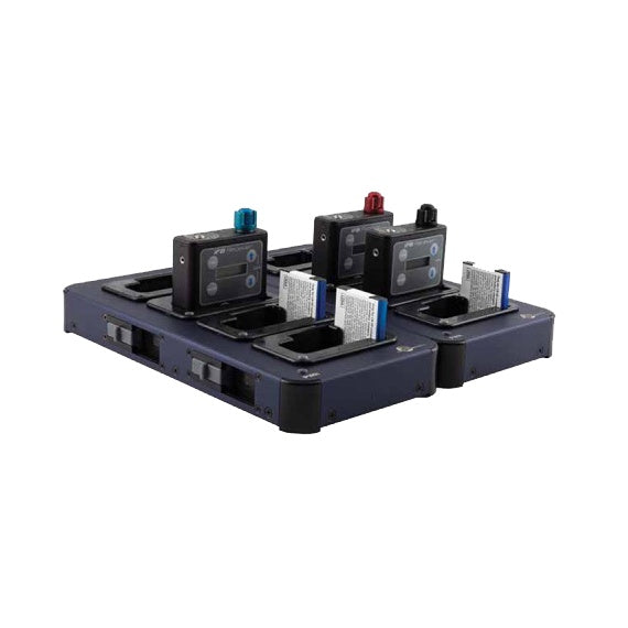 CHSIFBR1B charging station angled view with three IFBR1B receivers docked, each with a blue, red or black connector, and two batteries seated in adjacent bays, Lectrosonics