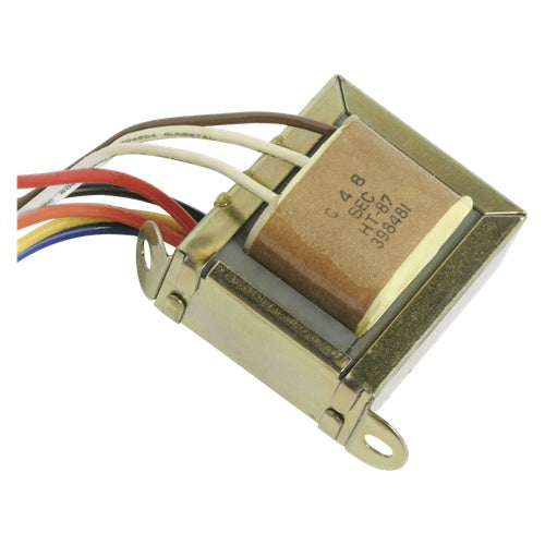 AtlasIED HT87 audio transformer angled view showing color-coded lead wires and mounting tabs