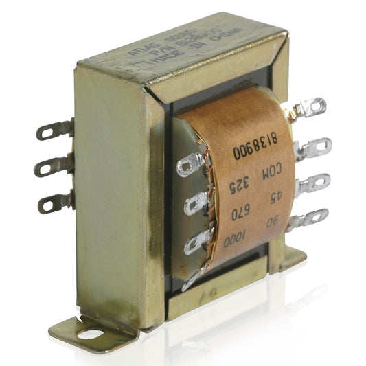 AtlasIED T10 line transformer angled view showing solder tab terminals, mounting feet, and tap markings