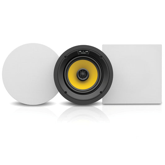 T625CW 6.5" in-wall/in-ceiling speaker with yellow woofer plus round and square white grilles