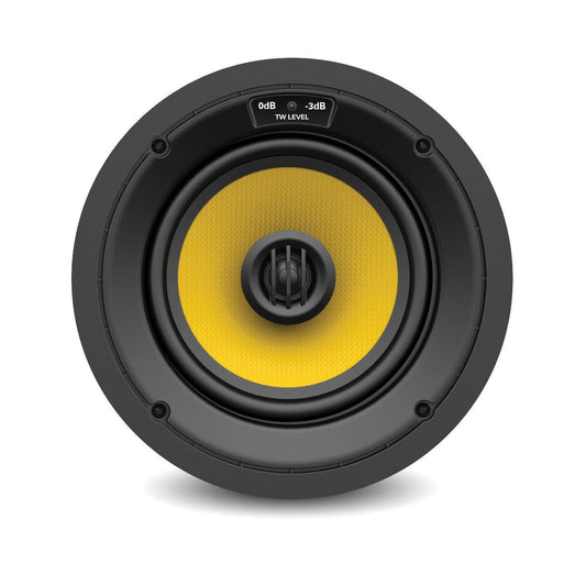 T625CW in-ceiling speaker front view showing yellow cone, center tweeter and 0dB/-3dB tweeter level switch