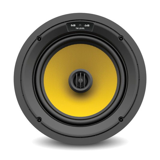 AtlasIED T825CW speaker front with grille removed showing yellow woofer and 0dB/-3dB tweeter level switch