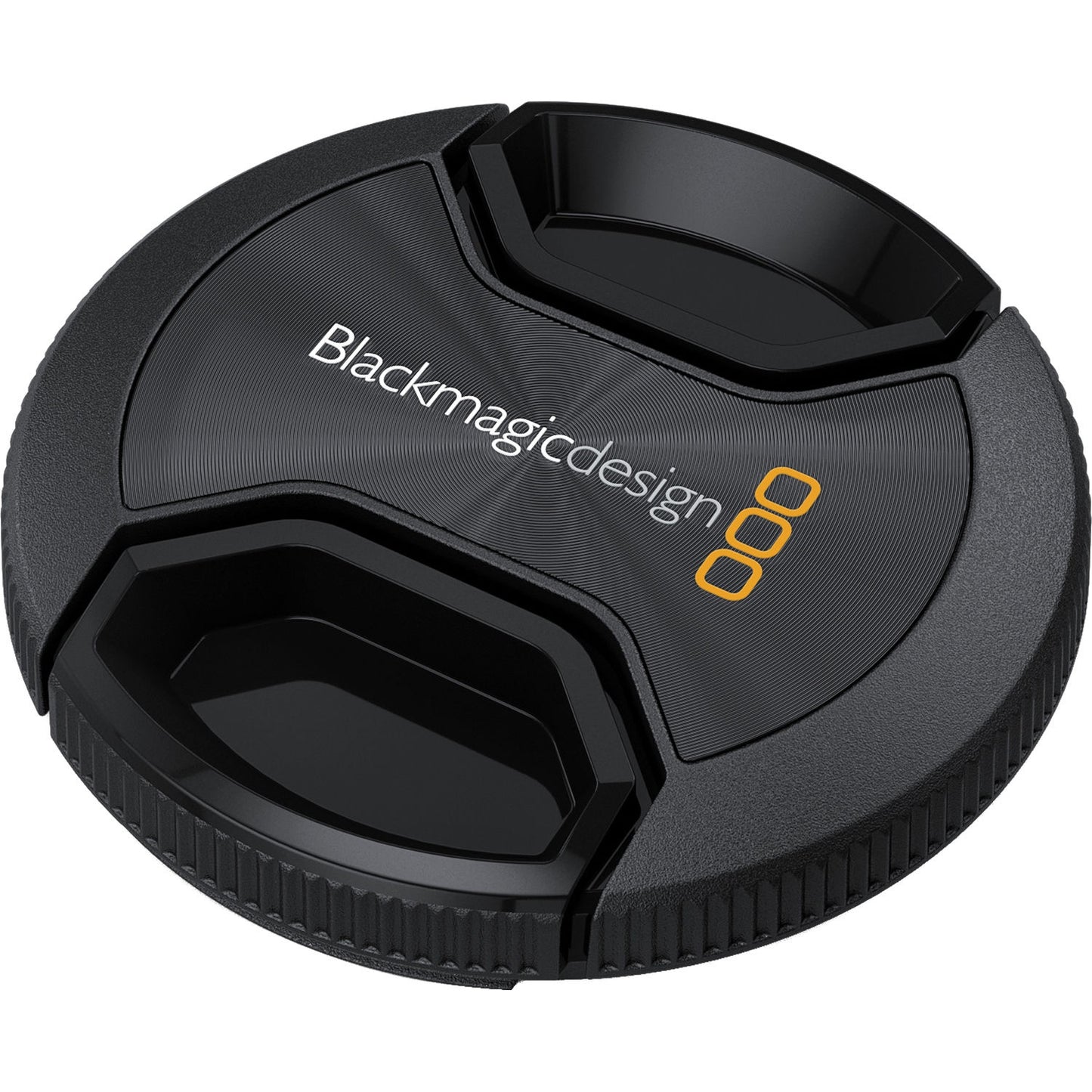 Blackmagic Design 58mm lens cap, angled view showing center pinch tabs and ridged edge