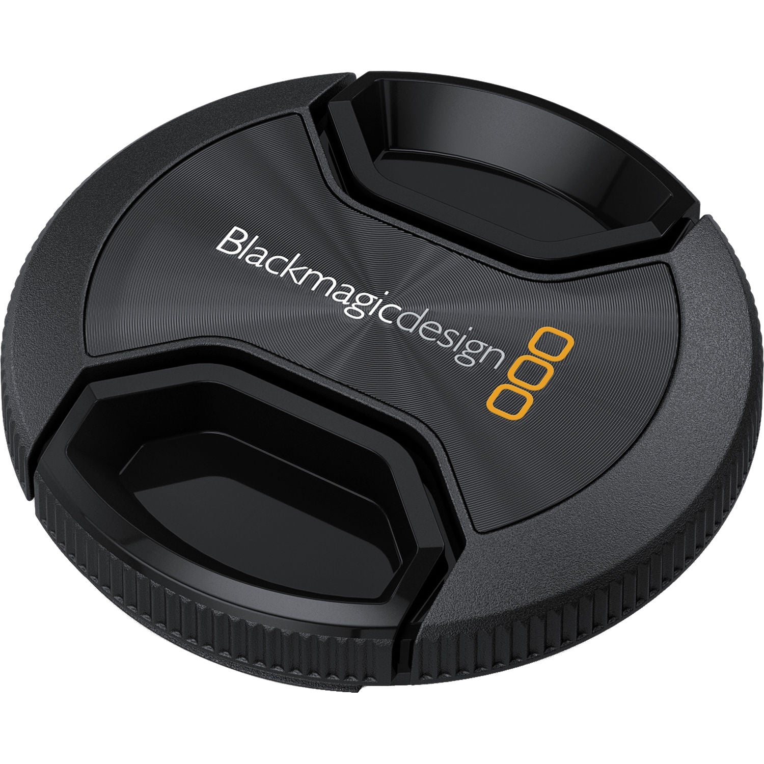 Blackmagic Design 58mm lens cap, angled view showing center pinch tabs and ridged edge