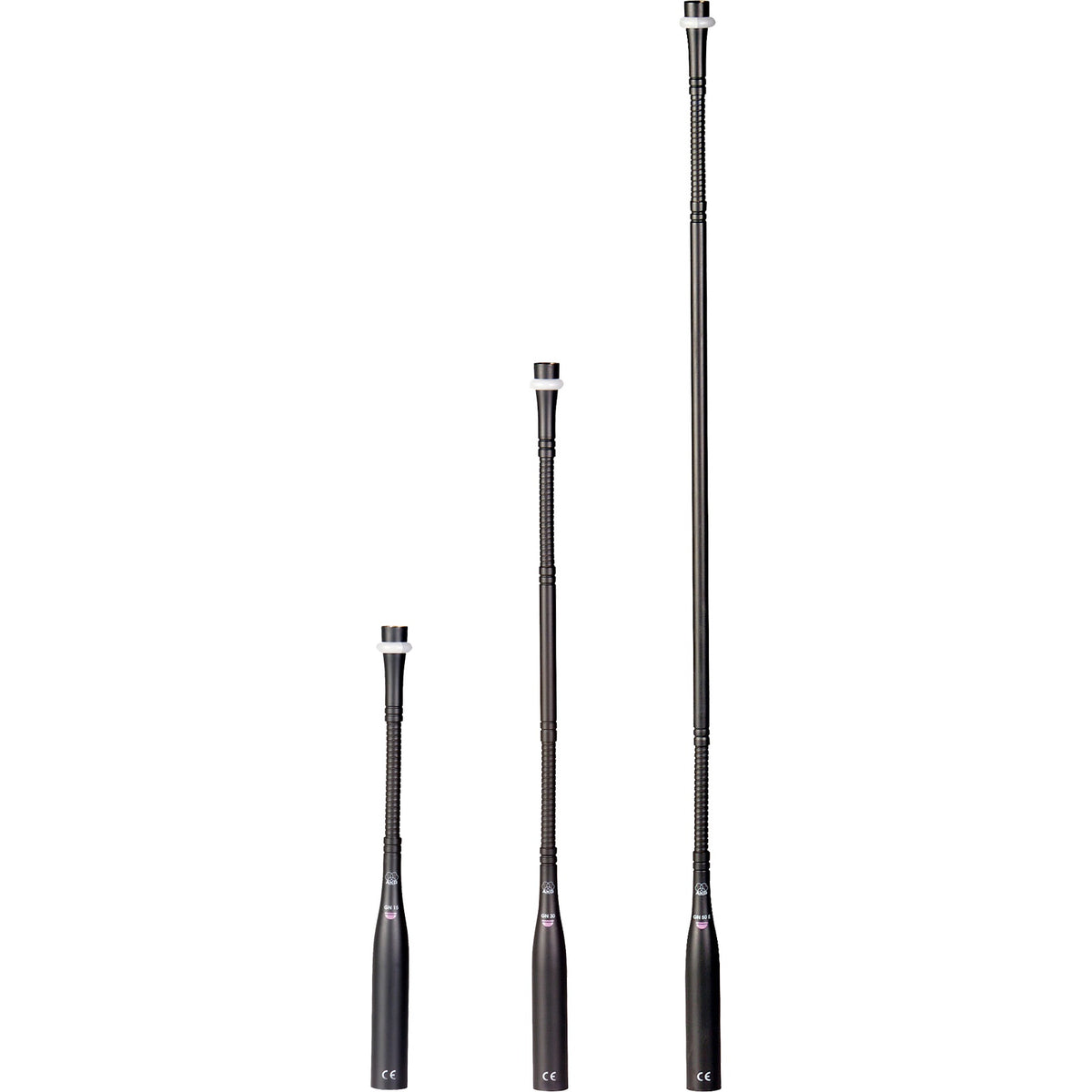 GN30 E 5-pin gooseneck shown upright alongside GN15 and GN50 E lengths, black flexible shafts with white capsule collars and integrated XLR bases, AKG