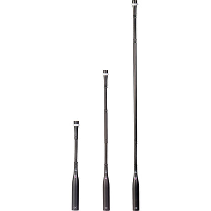 GN30 E 5-pin gooseneck shown upright alongside GN15 and GN50 E lengths, black flexible shafts with white capsule collars and integrated XLR bases, AKG