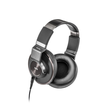 K553 MKII three-quarter beauty shot showing brushed metal headband slider with size scale and thick earpad, AKG