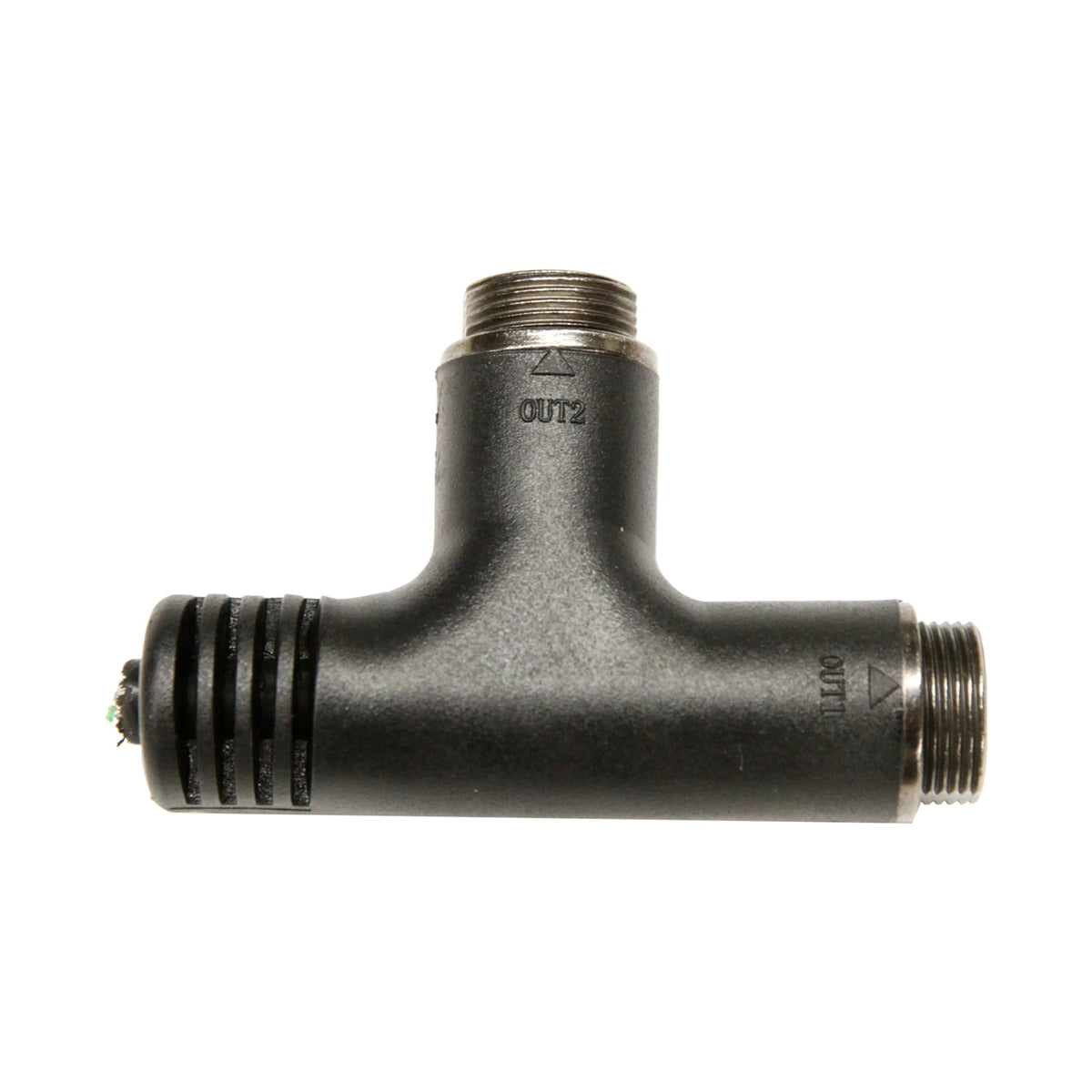 AKG CS3 TC T-connector side view showing OUT1 and OUT2 threaded metal ports and black ribbed input barrel, Harman Professional