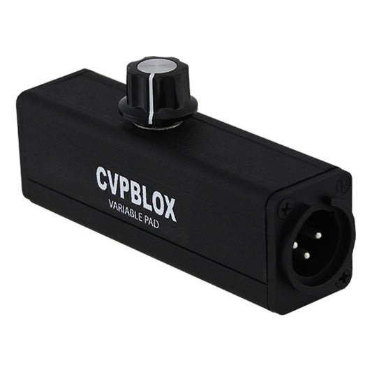 RapcoHorizon CVPBLOX inline XLR pad angled view showing black housing, attenuation knob and male XLR end