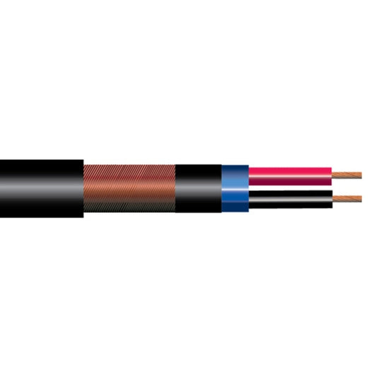ProCo Sound 1-PR DMX lighting wire cutaway showing black jacket, copper braid shield, and red and black conductors