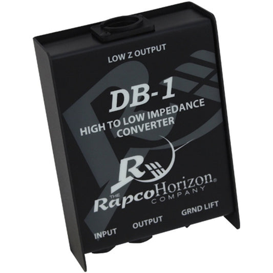 RapcoHorizon DB-1 direct box angled view showing labeled top panel and XLR low Z output