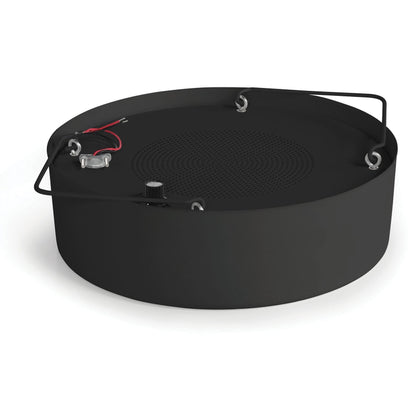 M1000R dual cone sound masking speaker angled top view showing round black backcan enclosure, perforated baffle, 70V transformer tap selector and red/black lead wires, AtlasIED