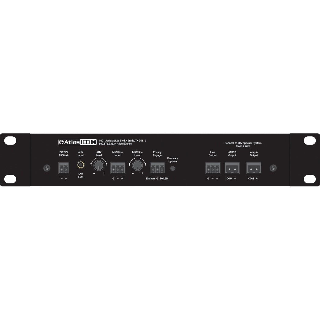 ASP-MG2240 two-zone sound masking controller rear panel with AUX and mic/line level knobs, Phoenix terminal inputs and 70V Amp A/B outputs, AtlasIED