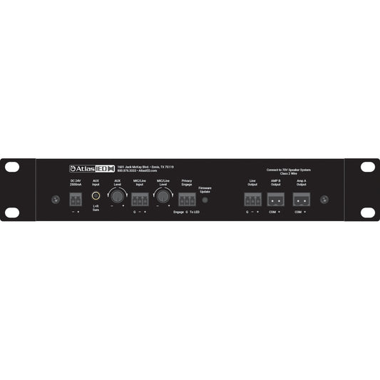ASP-MG2240 two-zone sound masking controller rear panel with AUX and mic/line level knobs, Phoenix terminal inputs and 70V Amp A/B outputs, AtlasIED