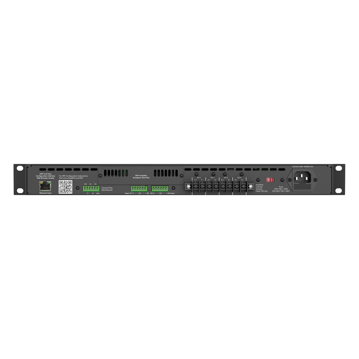 DPA804 rear panel showing Ethernet input, Phoenix-style inputs, four-channel speaker terminals and IEC power inlet, AtlasIED