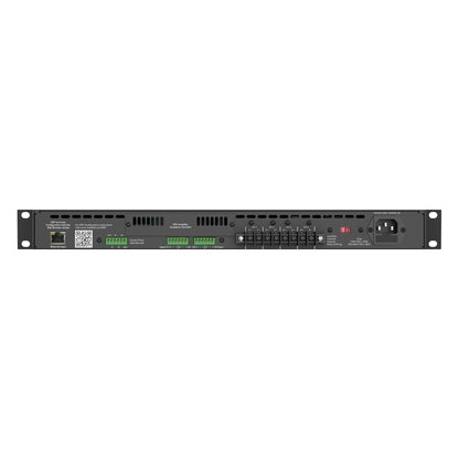 DPA804 rear panel showing Ethernet input, Phoenix-style inputs, four-channel speaker terminals and IEC power inlet, AtlasIED