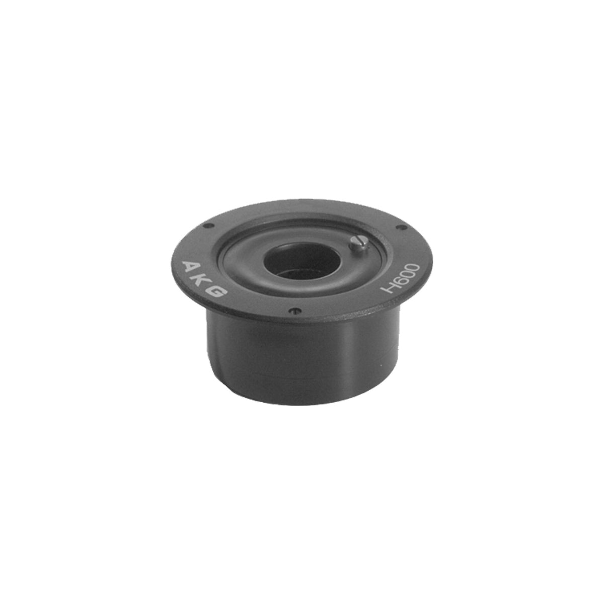 AKG H600 elastic shock mount angled view showing black flush-mount flange with locking thumbscrew and center gooseneck socket, Harman Professional