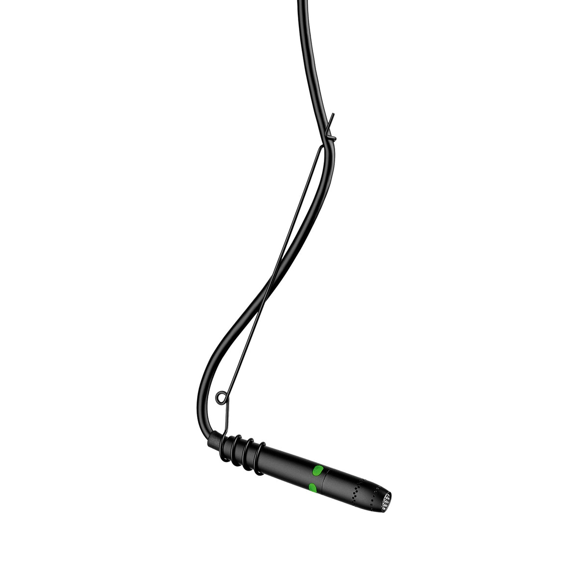 AKG HM1000 hanging module shown suspended on black cable with wire tension hanger and green-marked miniature capsule, Harman Professional