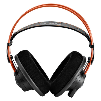 K712 Pro reference studio headphones front view showing black velvet earpads and leather headband with orange stitching, AKG