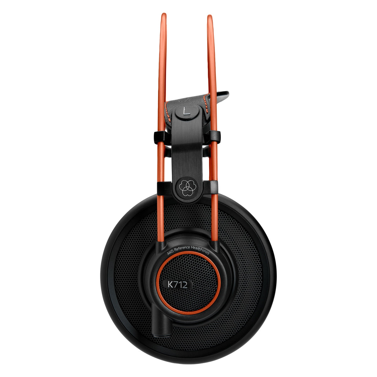 K712 Pro side profile of left earcup with perforated open-back grille and K712 badge, AKG