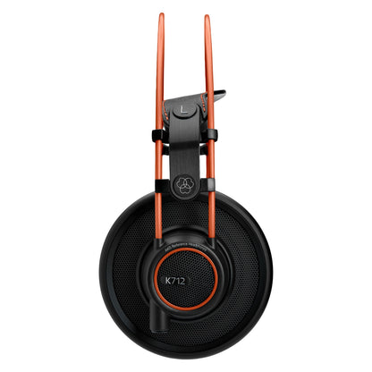 K712 Pro side profile of left earcup with perforated open-back grille and K712 badge, AKG