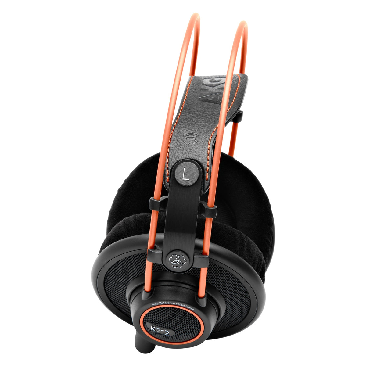 K712 Pro angled top view showing L-marked slider and AKG embossed leather headband, AKG