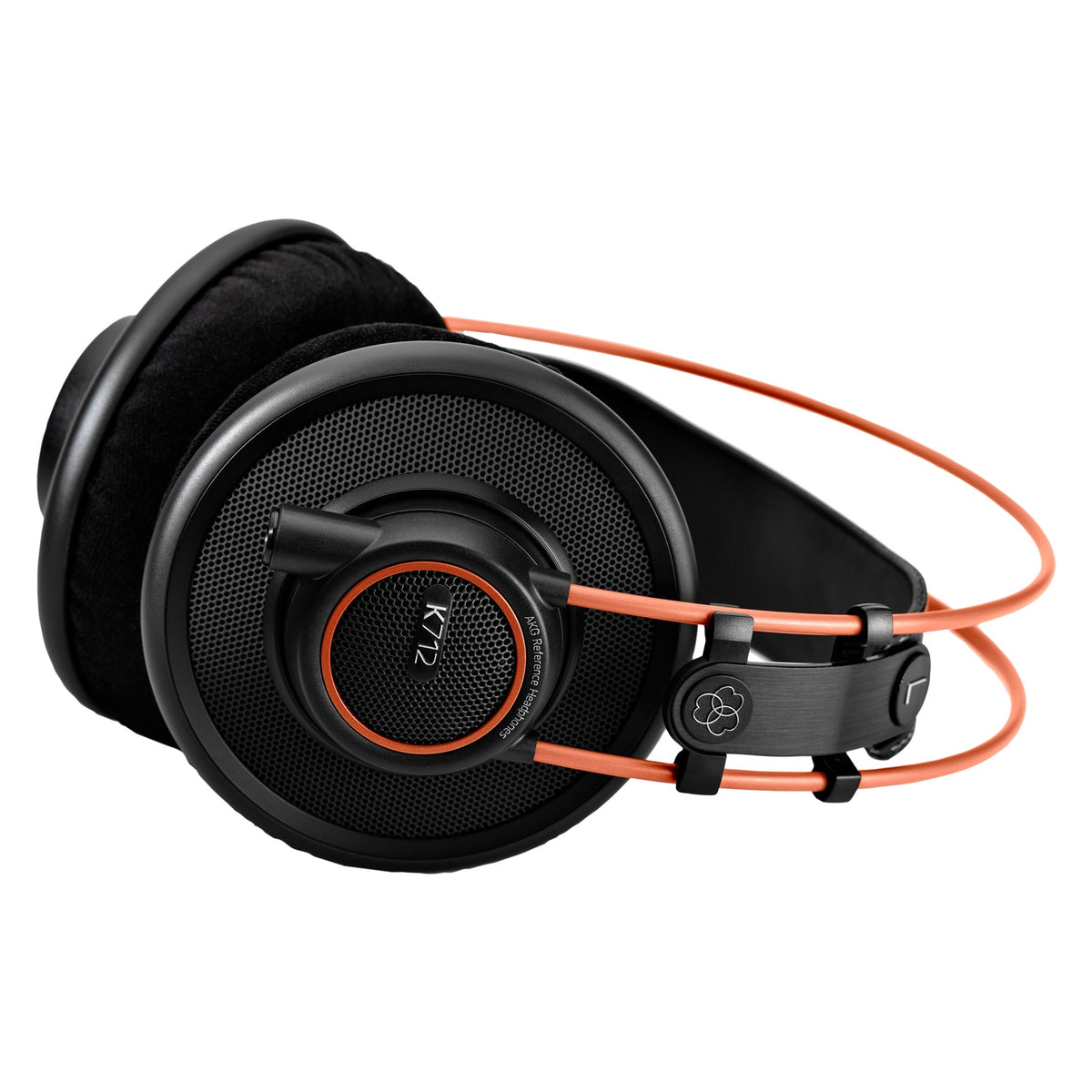 K712 Pro folded side view with dual orange headband wires and open-back grille, AKG