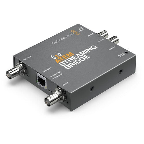 Blackmagic Design ATEM Streaming Bridge angled view showing SDI REF IN, Ethernet port, and BNC connectors