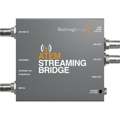 Blackmagic Design ATEM Streaming Bridge top view with labeled Ethernet, REF IN, SDI OUT, and HDMI OUT ports
