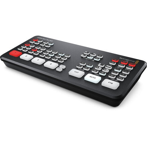 Blackmagic Design ATEM Mini Pro ISO live production switcher in angled view showing control surface