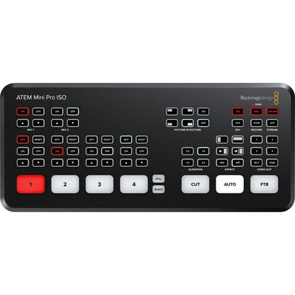 Blackmagic Design ATEM Mini Pro ISO top panel with source buttons, CUT, AUTO and FTB controls