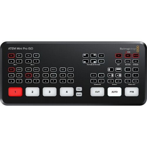 Blackmagic Design ATEM Mini Pro ISO top panel with source buttons, CUT, AUTO and FTB controls