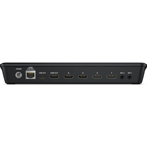 Blackmagic Design ATEM Mini Pro ISO rear panel with HDMI inputs, HDMI out, USB out, Ethernet and mic jacks