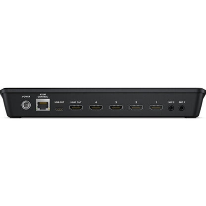 Blackmagic Design ATEM Mini Pro ISO rear panel with HDMI inputs, HDMI out, USB out, Ethernet and mic jacks