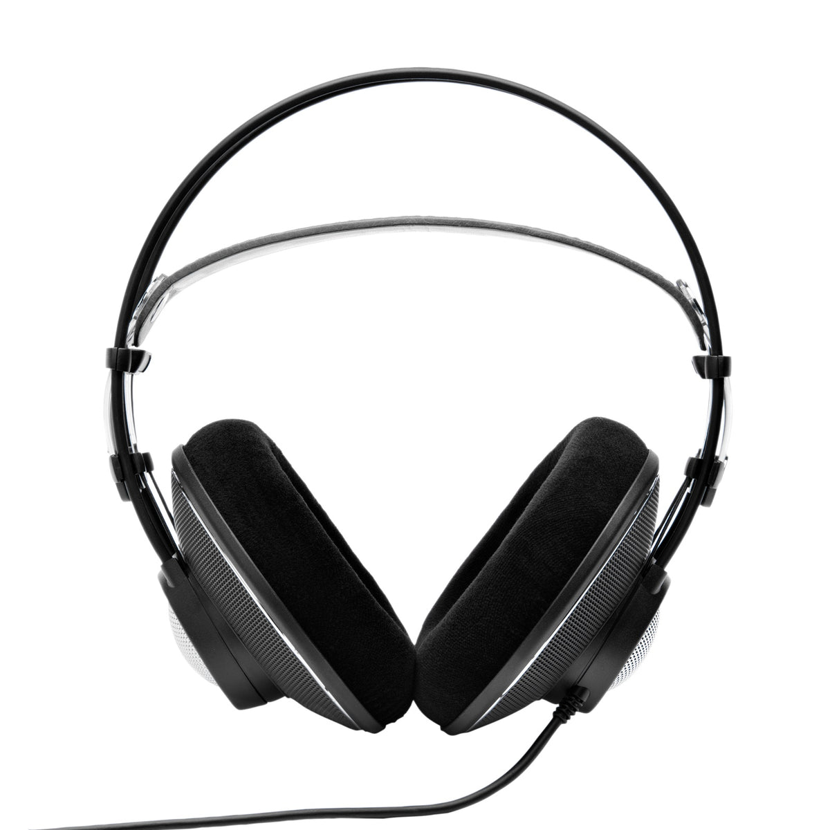 K612 Pro open-back headphones front view showing black velour earpads and self-adjusting leather headband, AKG