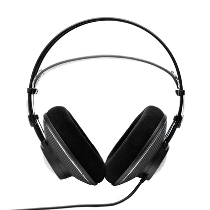 K612 Pro open-back headphones front view showing black velour earpads and self-adjusting leather headband, AKG