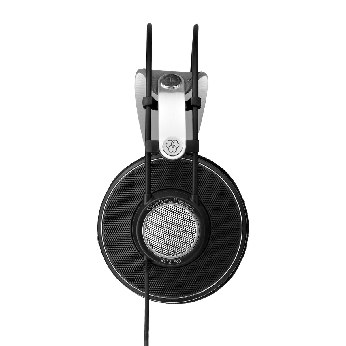 K612 Pro side profile with perforated open-back grille marked AKG Reference Headphones and K612 PRO, AKG