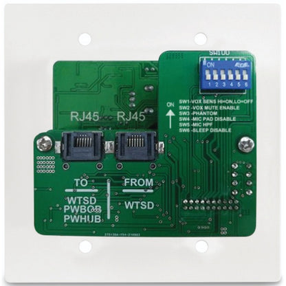 WTSD-MIX31K wall mixer rear view showing dual RJ45 TO/FROM WTSD ports and six-position DIP switch bank for VOX, phantom, pad and HPF settings, AtlasIED