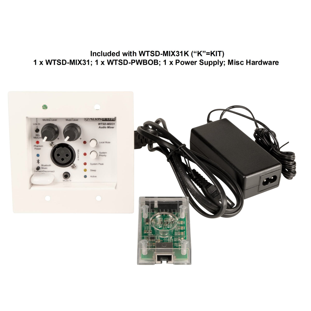 WTSD-MIX31K kit contents with white two-gang wall mixer plate, WTSD-PWBOB breakout board and 24VDC power supply, AtlasIED