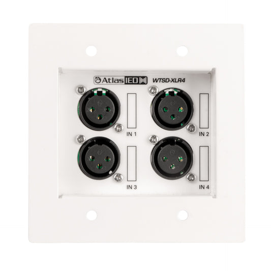 AtlasIED WTSD-XLR4 white wall plate front with four female XLR inputs labeled IN 1 through IN 4
